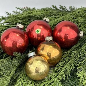 5 Vtg Shiny Brite Mercury Glass Ball Christmas Ornament Gold Red Various Sizes